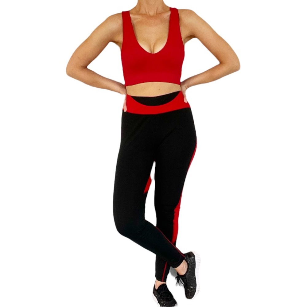 Black and red color block work out leggings size medium